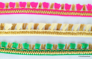 Beige / Green / Fuchsia Pink And Gold Tassels Trim Lace, Fringe Trim, Bohemian Trim